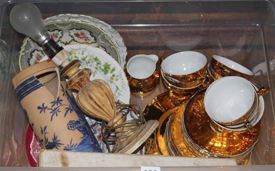 A gilt decorated teaset, mixed ceramics, fan etc